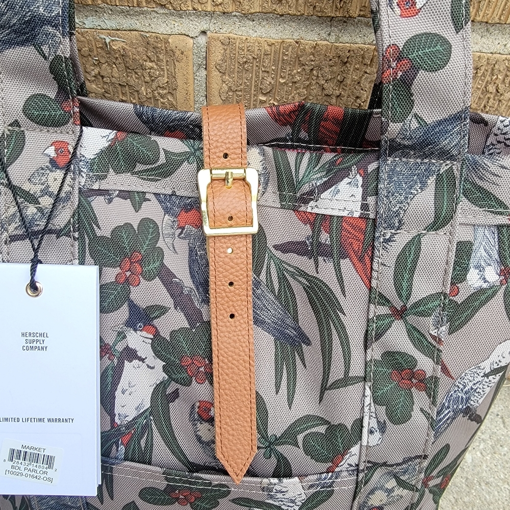 NWT Herschel Supply Nylon Leather Brindle Parlor Parrot XL Market Tote - Picture 5 of 9
